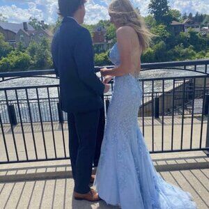 Sherri HIll 52338 - Multi layer floral scoop neck baby blue gown - worn once
